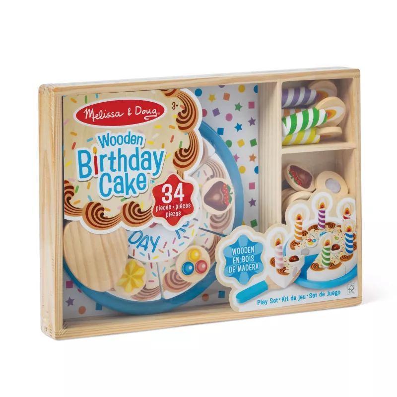 Melissa & Doug tarta de cumpleaños – alimento de juguete de madera con decoraciones intercambiables y 7 velas