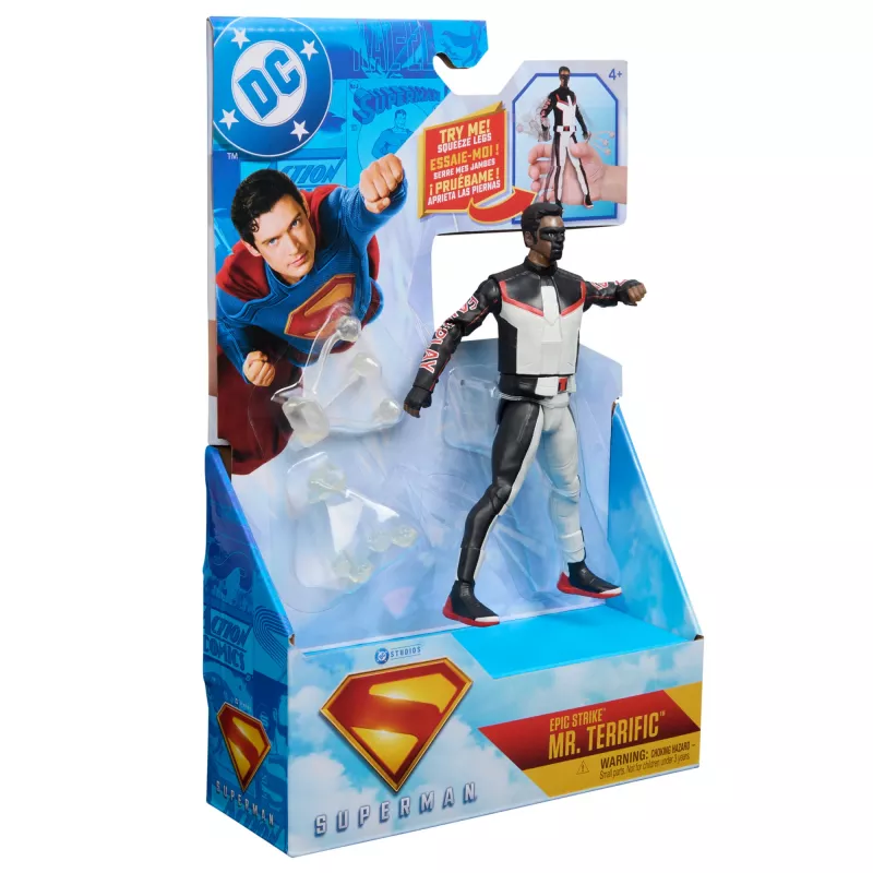 DC Comics, SUPERMAN, Mr. Terrific, Figura de acción Epic Strike, 15 cm, diseño auténtico de la película, incluye 2 accesorios, juguete para niños y niñas a partir de 4 años