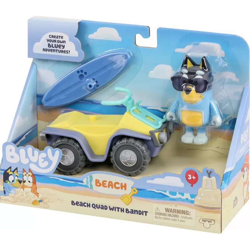 Moose Toys Bluey S9 Set de figura y vehículo Quad de playa con Bandit