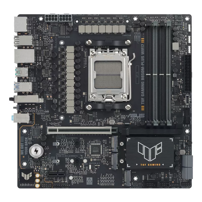 Placa base ASUS TUF GAMING B850M-PLUS WIFI7 micro ATX, AMD B850, socket AM5, DDR5, 4 DIMM, 256GB, Wi‑Fi 7, 2,5Gb LAN
