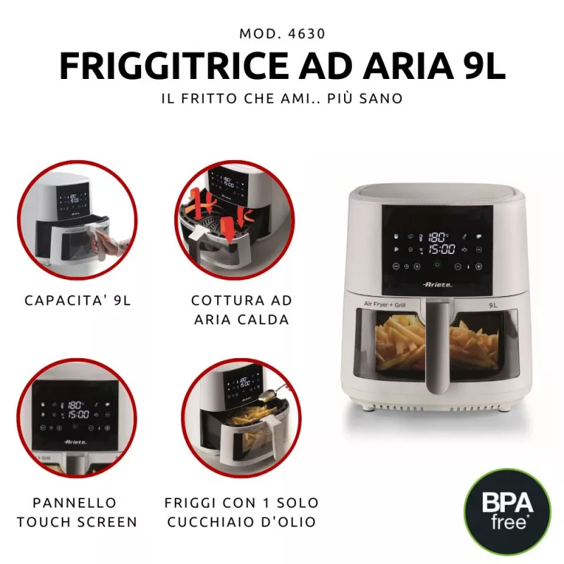 Ariete 4630/03 freidora de aire, 9 l, 1500 W, capacidad de 3,5 kg, hasta 200 °C, control táctil, blanca