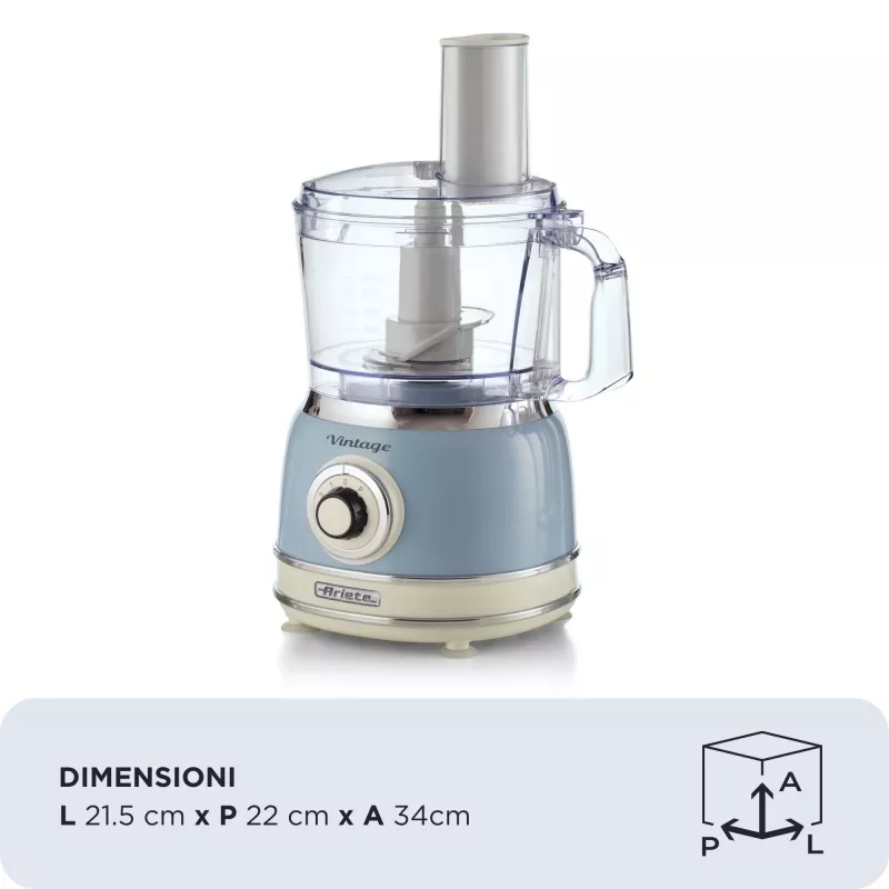 Robot de cocina ARIETE Vintage Line 1781/05 — 1000 W, bol 2,1 L, control giratorio, cuchillas de acero inoxidable, azul