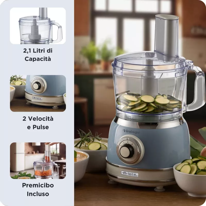 Robot de cocina ARIETE Vintage Line 1781/05 — 1000 W, bol 2,1 L, control giratorio, cuchillas de acero inoxidable, azul