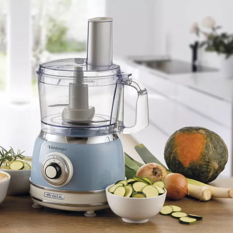 Robot de cocina ARIETE Vintage Line 1781/05 — 1000 W, bol 2,1 L, control giratorio, cuchillas de acero inoxidable, azul