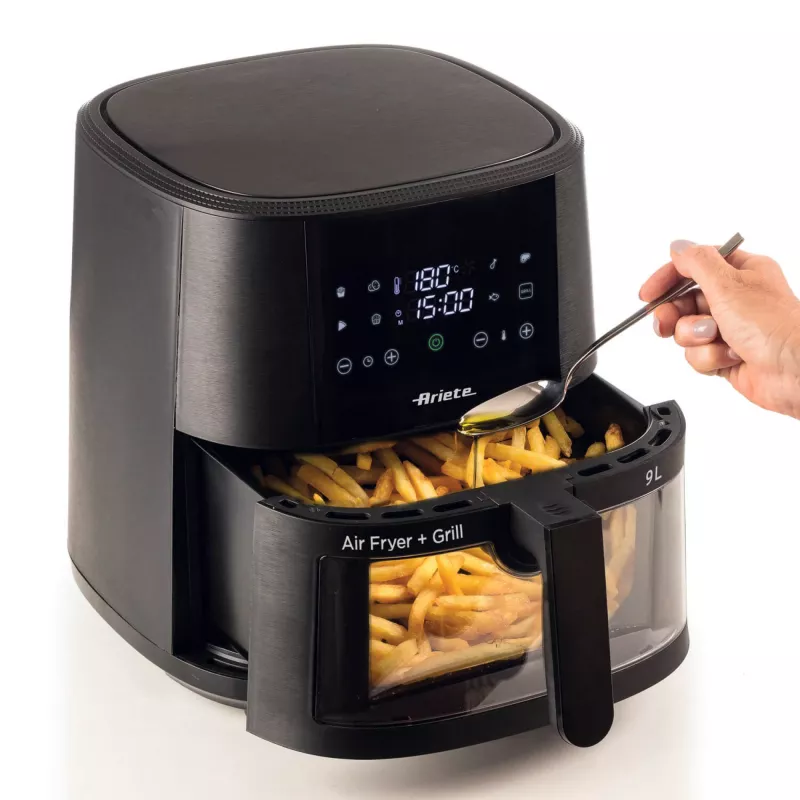 Ariete 4630/00 freidora de aire, 9 l, 1500 W, capacidad de carga de 3,6 kg, 7 programas, hasta 200°C, ventana de visualización, negra