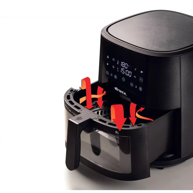 Ariete 4630/00 freidora de aire, 9 l, 1500 W, capacidad de carga de 3,6 kg, 7 programas, hasta 200°C, ventana de visualización, negra