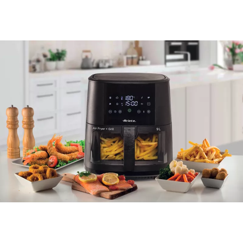 Ariete 4630/00 freidora de aire, 9 l, 1500 W, capacidad de carga de 3,6 kg, 7 programas, hasta 200°C, ventana de visualización, negra