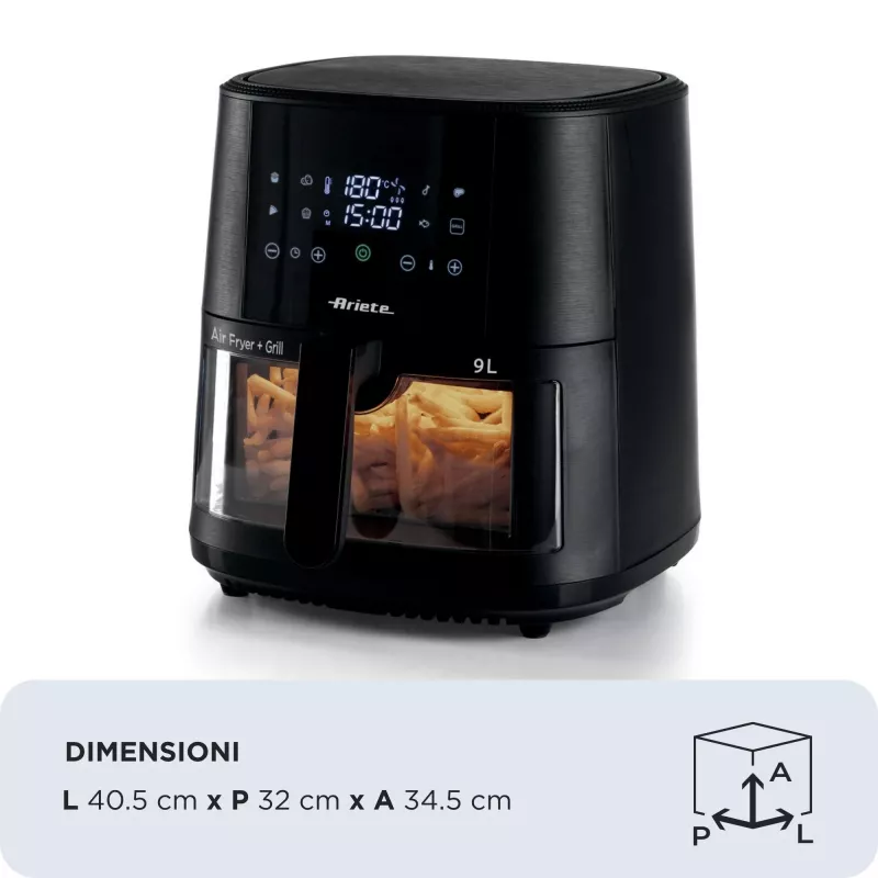 Ariete 4630/00 freidora de aire, 9 l, 1500 W, capacidad de carga de 3,6 kg, 7 programas, hasta 200°C, ventana de visualización, negra