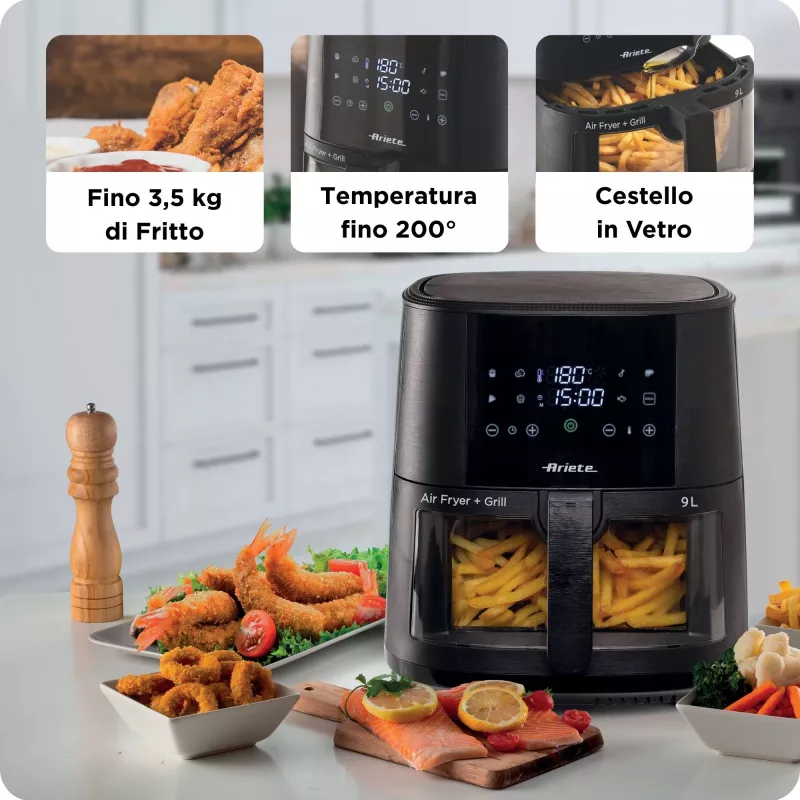 Ariete 4630/00 freidora de aire, 9 l, 1500 W, capacidad de carga de 3,6 kg, 7 programas, hasta 200°C, ventana de visualización, negra