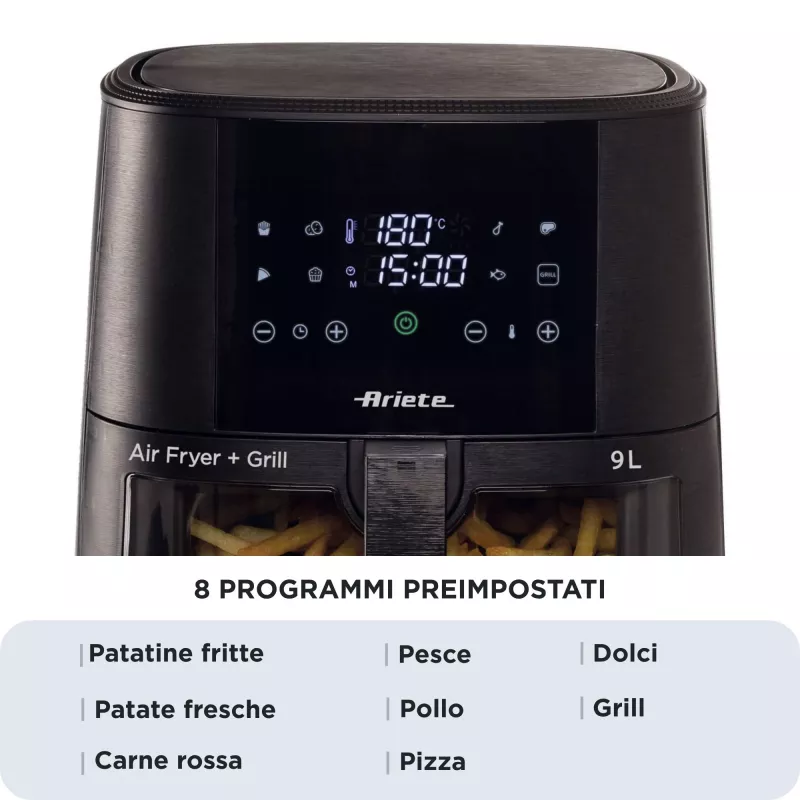 Ariete 4630/00 freidora de aire, 9 l, 1500 W, capacidad de carga de 3,6 kg, 7 programas, hasta 200°C, ventana de visualización, negra
