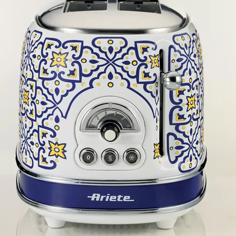 Tostadora Ariete 155 Capri, 810W, 2 rebanadas, 6 niveles de tostado, bandeja recogemigas, función descongelar, expulsión automática, sin pinzas