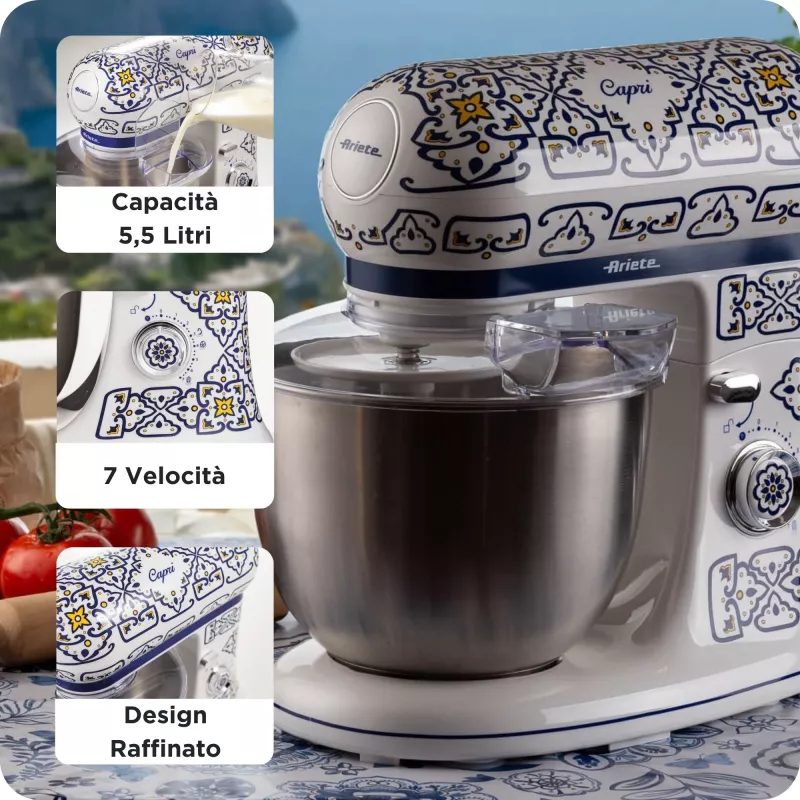 Robot de cocina Ariete 1588 Capri, batidora planetaria, 7 velocidades, 2400 vatios, 5,5 litros, bol de acero inoxidable