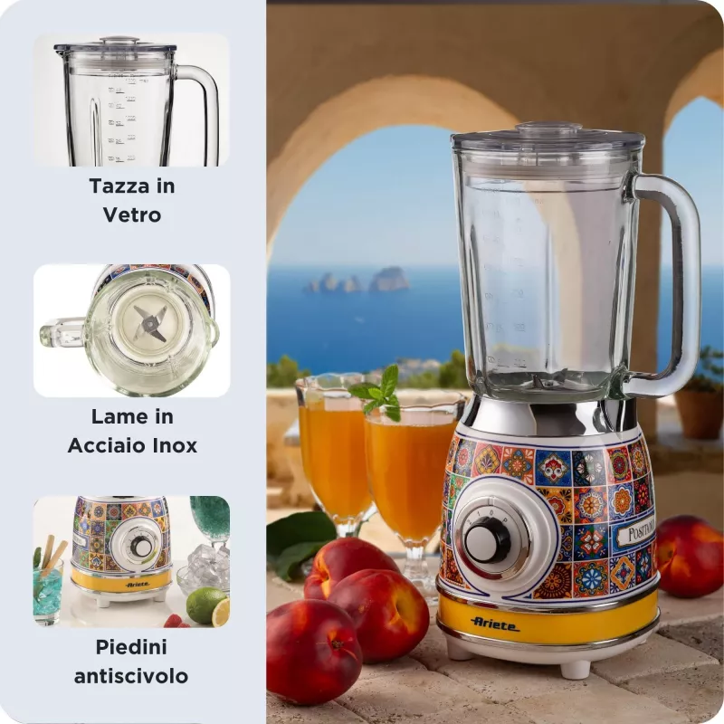 Batidora Ariete 583 Positano con jarra de cristal de 1,5 litros, 4 cuchillas de acero inoxidable, 4 velocidades + Pulse, 1000 vatios