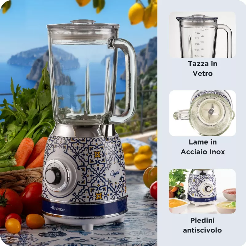 Batidora de vaso Ariete 583 Capri con jarra de cristal de 1,5 litros, 4 cuchillas de acero inoxidable, 4 velocidades + función pulsar, 1000 vatios
