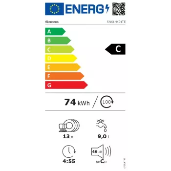 Lavavajillas Siemens iQ100 SN61HX01TE totalmente integrado, 13 cubiertos, 46 dB, 9 l/ciclo, clase energética C