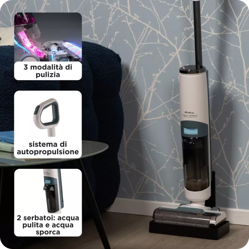 Ariete 2483 Aqua Force Wash & Vacuum, aspirador inteligente, limpiador de suelos inalámbrico, batería, aspira y friega, pelo de mascotas, suciedad seca y húmeda, capacidad 700 ml, accesorios incluidos
