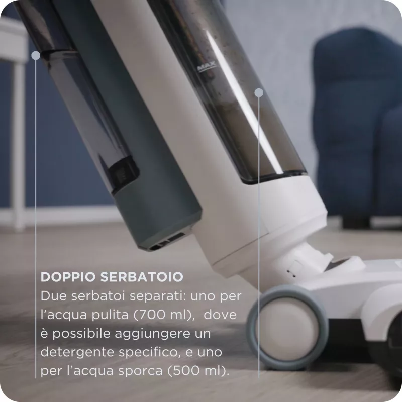 Ariete 2483 Aqua Force Wash & Vacuum, aspirador inteligente, limpiador de suelos inalámbrico, batería, aspira y friega, pelo de mascotas, suciedad seca y húmeda, capacidad 700 ml, accesorios incluidos