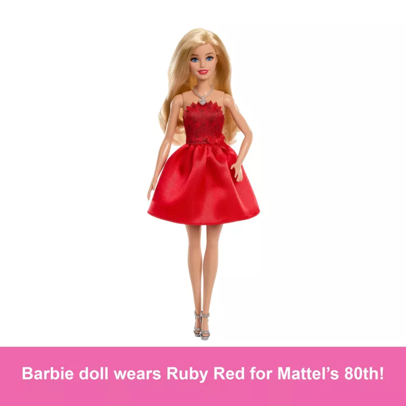Muñeca de moda Barbie Mattel 80.º aniversario rubí con vestido rojo y accesorios