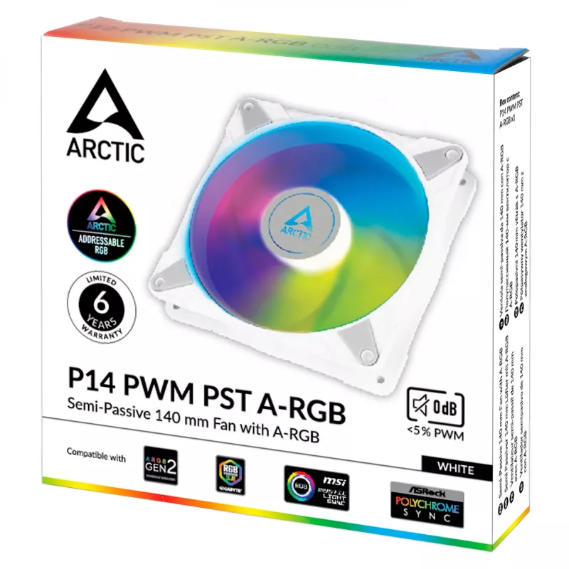 ARCTIC P14 PWM PST A-RGB - ventilador de caja semipasivo de 140 mm con A-RGB digital en blanco