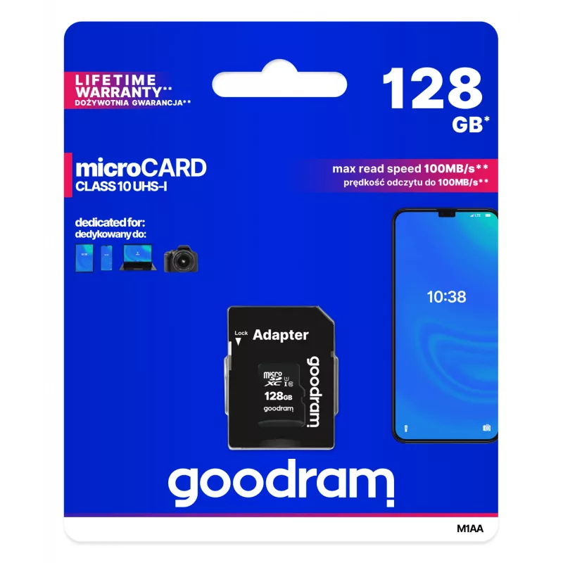 Memoria flash microSDXC GOODRAM 128GB UHS‑I Class 10 (lectura 100 MB/s, escritura 10 MB/s) con adaptador SD