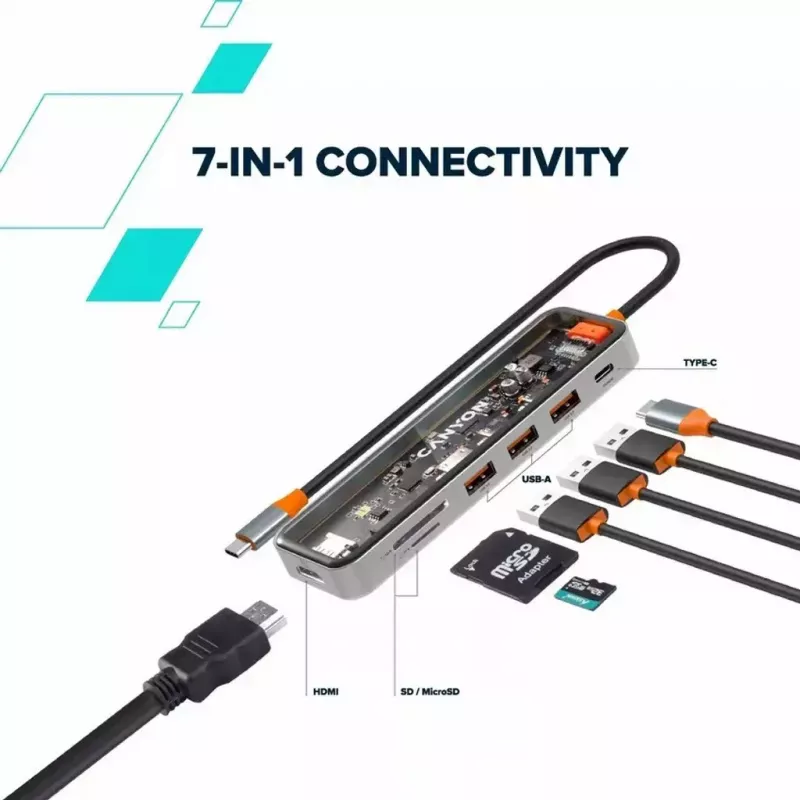 Canyon DS-13 CNS-TDS13 hub USB-C 7 en 1, HDMI 4K, 3x USB 3.0, USB-C PD 100W, lector SD/microSD, Space Grey transparente