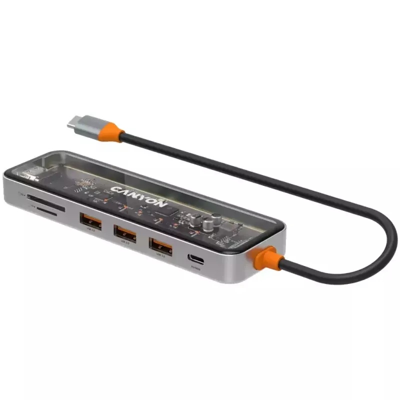 Canyon DS-13 CNS-TDS13 hub USB-C 7 en 1, HDMI 4K, 3x USB 3.0, USB-C PD 100W, lector SD/microSD, Space Grey transparente
