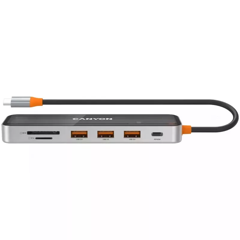 Canyon DS-13 CNS-TDS13 hub USB-C 7 en 1, HDMI 4K, 3x USB 3.0, USB-C PD 100W, lector SD/microSD, Space Grey transparente