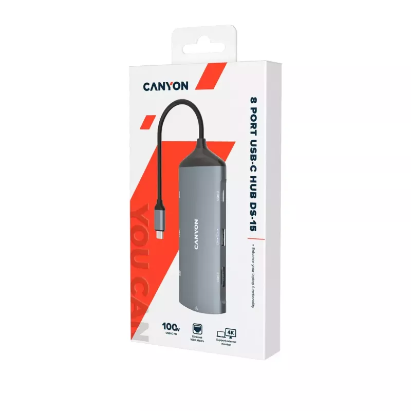 Canyon DS-15 USB 3.2 Gen 1 Type-C gris 100W Power Delivery Ethernet 1 Gbps