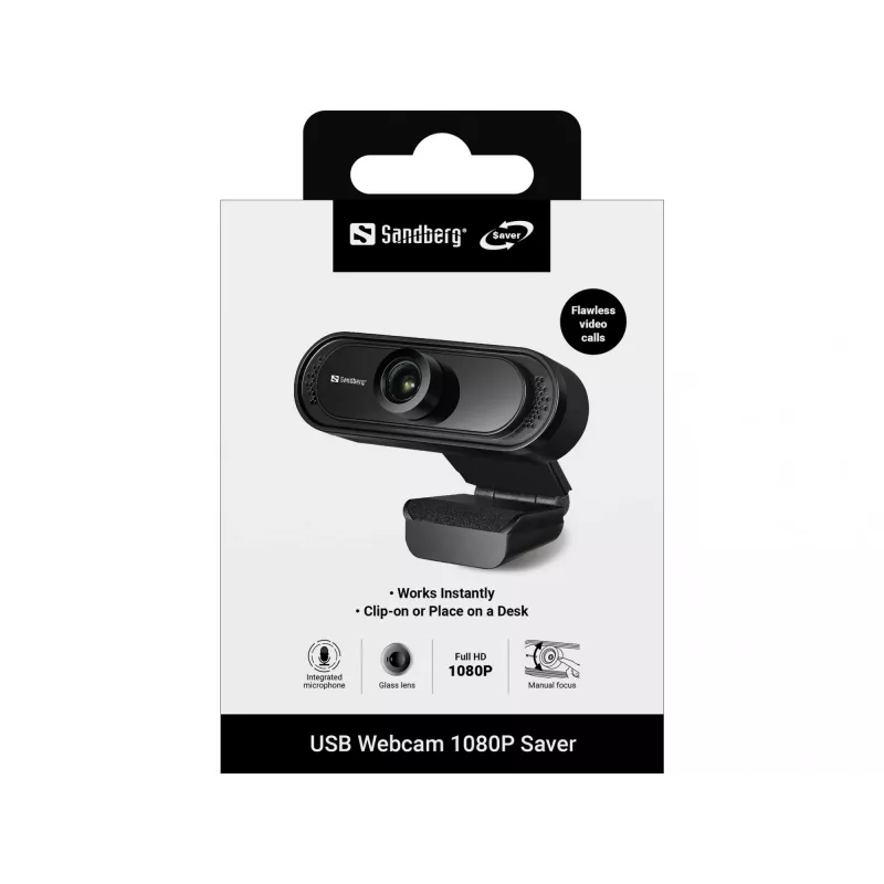 Sandberg USB Webcam 1080P Saver, 2 MP, 1920 x 1080 píxeles, Full HD, 30 fps, 1920x1080@30fps, 1080p