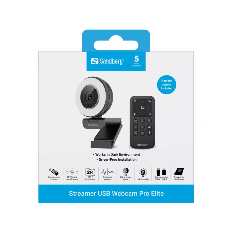 Webcam Sandberg Streamer USB Webcam Pro Elite 2560x1440 60fps negra