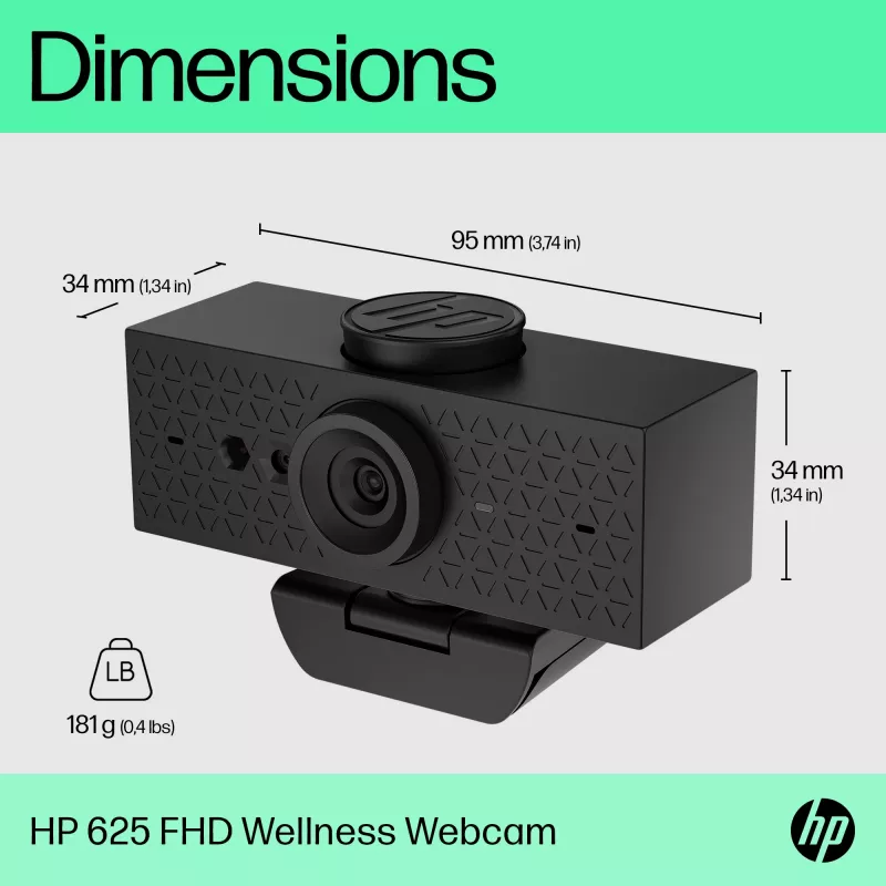 Webcam HP 625 FHD, 4 MP, 1920 x 1080 píxeles, Full HD, empresa, USB, negra