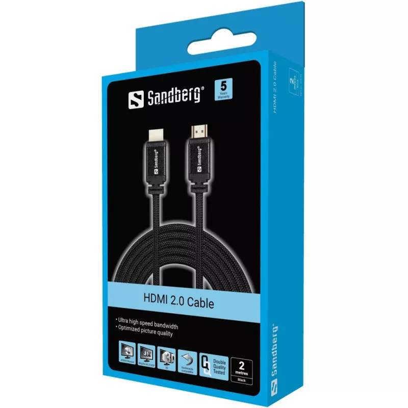 Cable HDMI 2.0 Sandberg 19M-19M, 2 m, HDMI Type A (estándar), HDMI Type A (estándar), negro