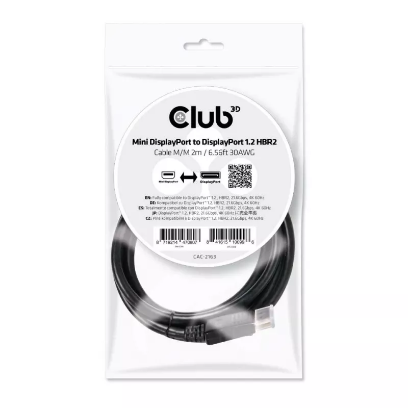 Cable Club 3D CAC-2163 de Mini DisplayPort a DisplayPort 1.2 HBR2, macho/macho, 2 m (6,56 ft), 4K60Hz