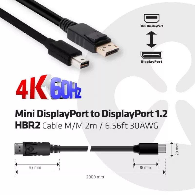 Cable Club 3D CAC-2163 de Mini DisplayPort a DisplayPort 1.2 HBR2, macho/macho, 2 m (6,56 ft), 4K60Hz