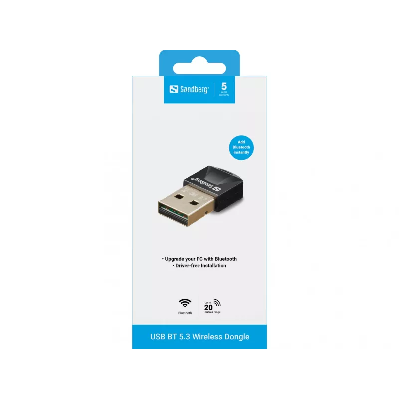 Adaptador USB BT 5.3 inalámbrico Sandberg, inalámbrico, USB, Bluetooth, 3 Mbit/s, negro