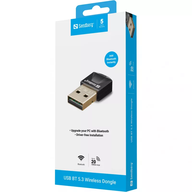 Adaptador USB BT 5.3 inalámbrico Sandberg, inalámbrico, USB, Bluetooth, 3 Mbit/s, negro