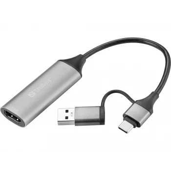 Capturadora HDMI Sandberg a USB-C/A, HDMI Type A (estándar), USB Type-A + USB Type-C, conector hembra, conector macho, recto, recto