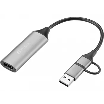 Capturadora HDMI Sandberg a USB-C/A, HDMI Type A (estándar), USB Type-A + USB Type-C, conector hembra, conector macho, recto, recto