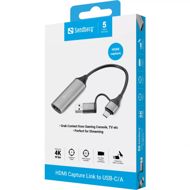 Capturadora HDMI Sandberg a USB-C/A, HDMI tipo A (estándar), USB Type-A + USB Type-C, conector hembra, conector macho, recto, recto