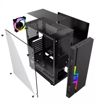 Caja de PC GEMBIRD Fornax 2000 RGB Midi Tower negra — Micro ATX/ITX/ATX, 1 ventilador trasero de 120mm, 2 bahías para unidades de 2,5