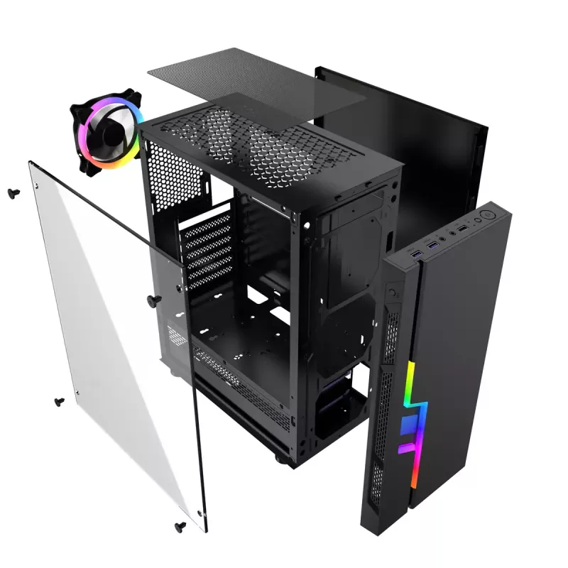 Caja de PC GEMBIRD Fornax 2000 RGB Midi Tower negra — Micro ATX/ITX/ATX, 1 ventilador trasero de 120mm, 2 bahías para unidades de 2,5 inch, 2 USB-A 3.0, cristal templado