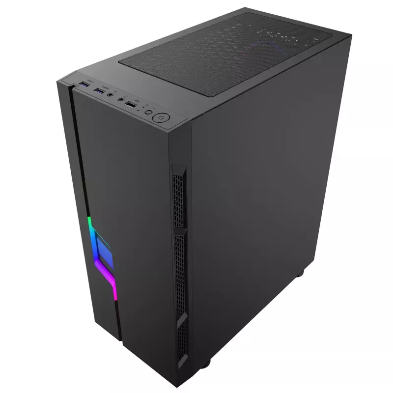 Caja de PC GEMBIRD Fornax 2000 RGB Midi Tower negra — Micro ATX/ITX/ATX, 1 ventilador trasero de 120mm, 2 bahías para unidades de 2,5 inch, 2 USB-A 3.0, cristal templado
