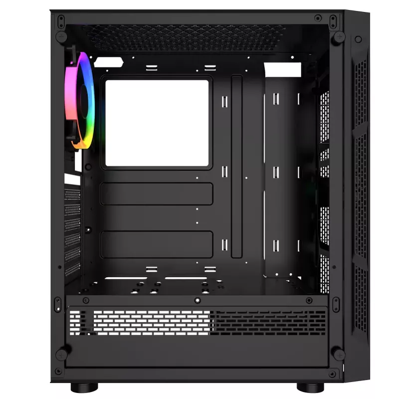 Caja de PC GEMBIRD Fornax 2000 RGB Midi Tower negra — Micro ATX/ITX/ATX, 1 ventilador trasero de 120mm, 2 bahías para unidades de 2,5 inch, 2 USB-A 3.0, cristal templado