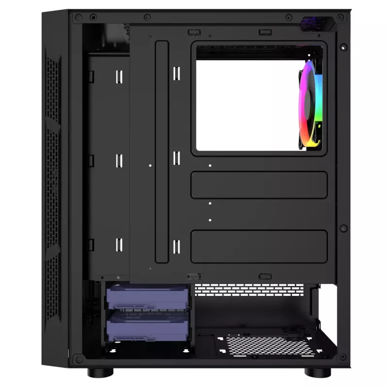 Caja de PC GEMBIRD Fornax 2000 RGB Midi Tower negra — Micro ATX/ITX/ATX, 1 ventilador trasero de 120mm, 2 bahías para unidades de 2,5 inch, 2 USB-A 3.0, cristal templado