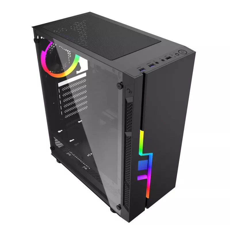 Caja de PC GEMBIRD Fornax 2000 RGB Midi Tower negra — Micro ATX/ITX/ATX, 1 ventilador trasero de 120mm, 2 bahías para unidades de 2,5 inch, 2 USB-A 3.0, cristal templado