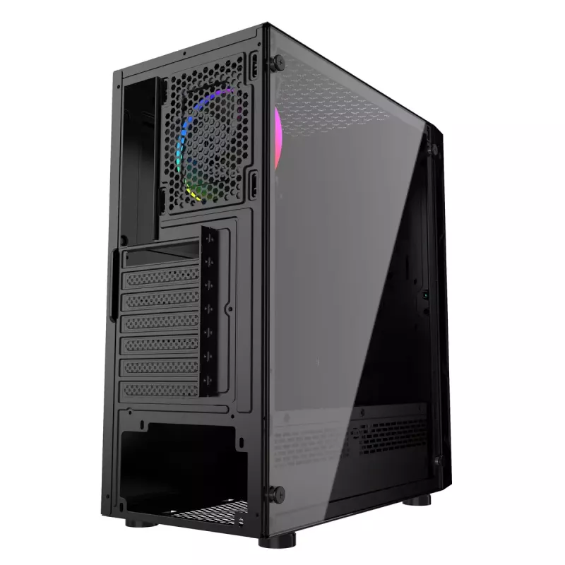 Caja de PC GEMBIRD Fornax 2000 RGB Midi Tower negra — Micro ATX/ITX/ATX, 1 ventilador trasero de 120mm, 2 bahías para unidades de 2,5 inch, 2 USB-A 3.0, cristal templado