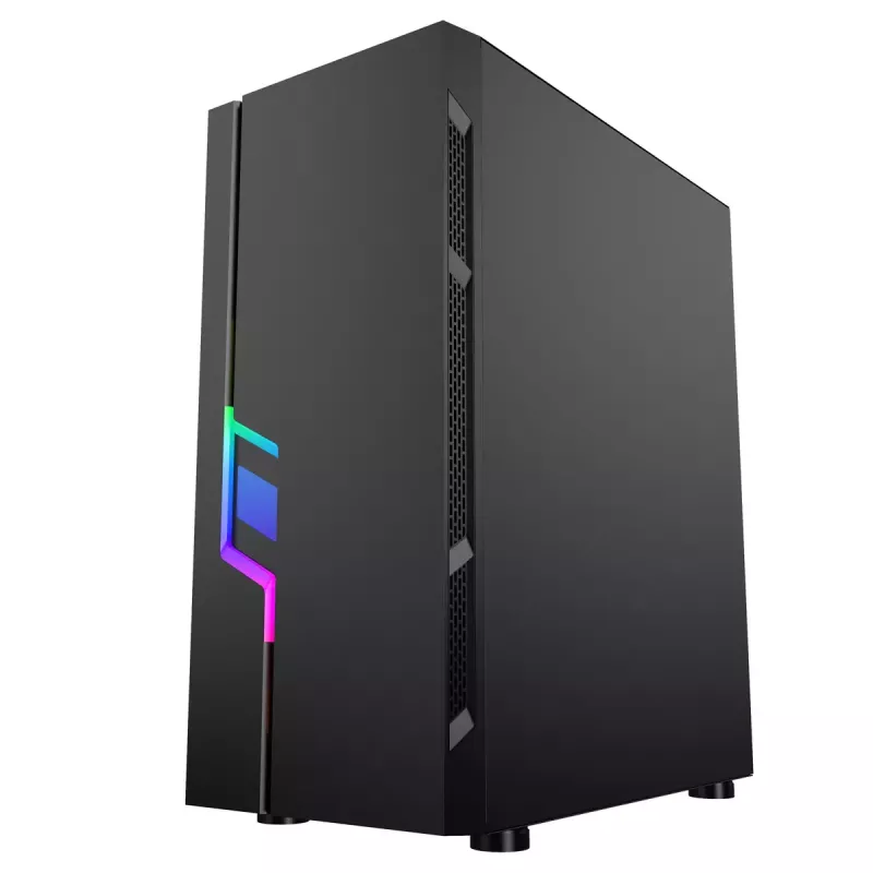 Caja de PC GEMBIRD Fornax 2000 RGB Midi Tower negra — Micro ATX/ITX/ATX, 1 ventilador trasero de 120mm, 2 bahías para unidades de 2,5 inch, 2 USB-A 3.0, cristal templado