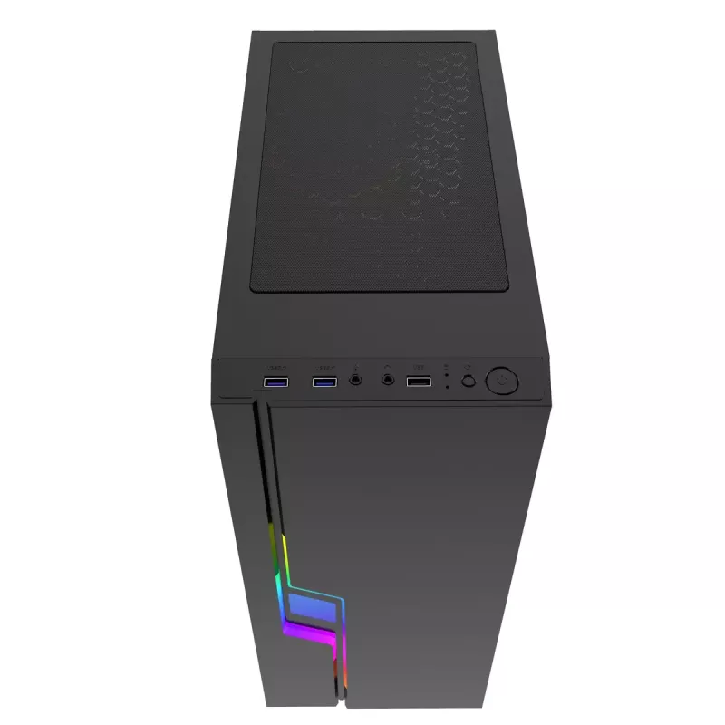 Caja de PC GEMBIRD Fornax 2000 RGB Midi Tower negra — Micro ATX/ITX/ATX, 1 ventilador trasero de 120mm, 2 bahías para unidades de 2,5 inch, 2 USB-A 3.0, cristal templado