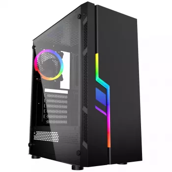 Caja de PC GEMBIRD Fornax 2000 RGB Midi Tower negra — Micro ATX/ITX/ATX, 1 ventilador trasero de 120mm, 2 bahías para unidades de 2,5