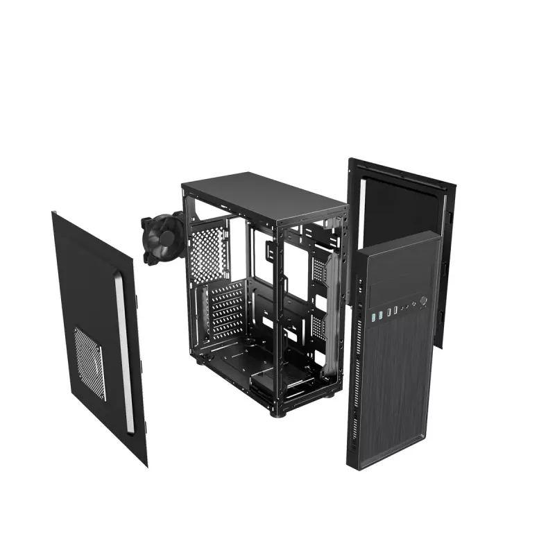 Caja de PC GEMBIRD Fornax 160 Mini Tower – negra, SPCC, compatible con ITX/mATX/ATX, 1 bahía de 3,5 inch + 3 de 2,5 inch, 7 ranuras de expansión, 445×185×390 mm